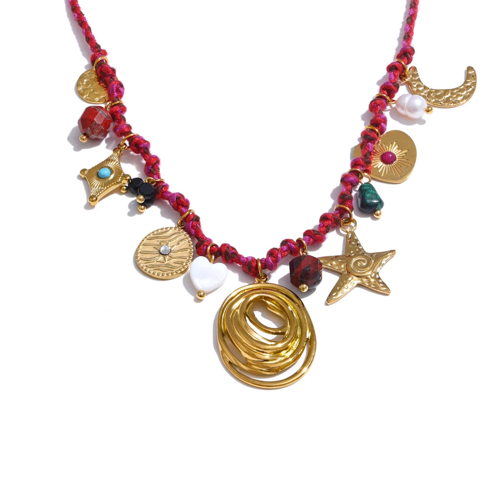 Boho-Chic Handmade Rope Necklace Featuring Braided Design, Natural Stone Drops, and Moon & Star Charms .Stainless Steel Details for a Durable Finish. A Perfect Piece for Summer Vibes
