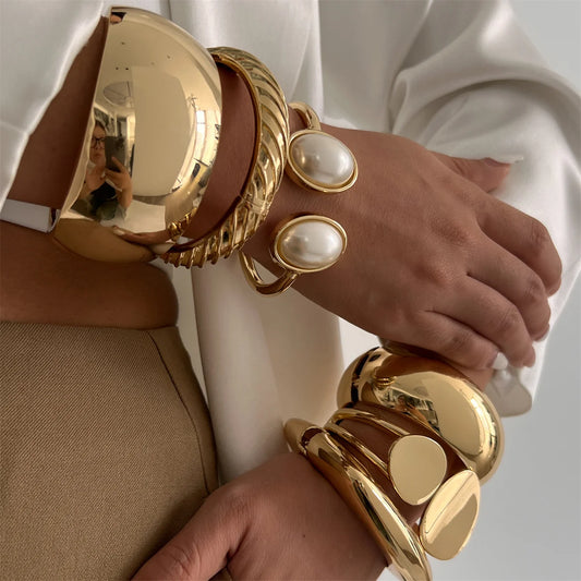 Exaggerated Punk Chunky Spring Bangle  Bold Smooth Heavy Metal Design in Gold Color, A Statement Arm Bracelet for Women  Who Love Edgy Hip-Hop and Steampunk Fashion .Perfect for Summer Vibes