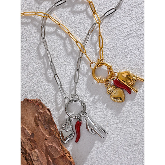 Creative 316L Stainless Steel Necklace Featuring Palm, Red Chili & Heart Charms . A Bold and Personalized Accessory, Perfect for Fun Summer Vibes