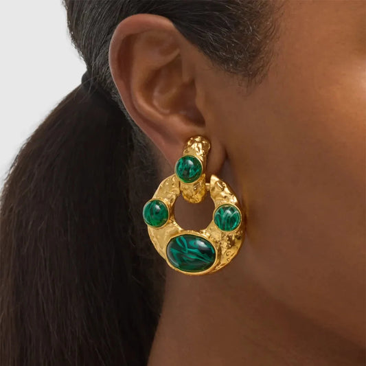 Retro-Inspired Geometric Elliptical Earrings . Crafted from Durable Stainless Steel with a Luxurious 18K Gold Plating, Featuring Stunning Peacock Stone Accents. A Bold Statement for Modern Women