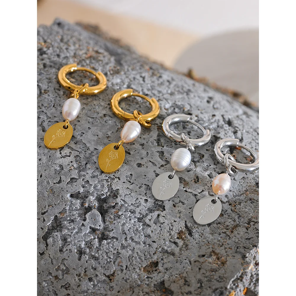 Handmade  Pearl Flower Drop Earrings . Gold & Silver Color Stainless Steel, Chic & Trendy Statement Jewelry for Women