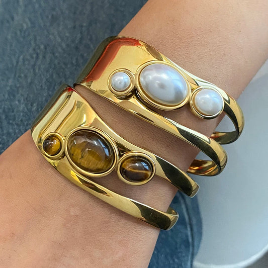 Chunky Irregular Pearl & Tiger Eye Stone Bracelet . Stacked Women's Jewelry . Bold Natural Gemstone Statement Accessory