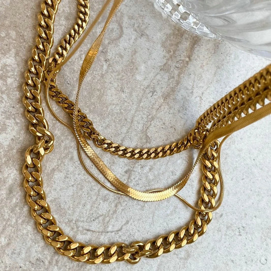 Bold Double-Layered Cuban & Snake Chain Necklace . Chunky 18K Gold IP Plated Stainless Steel Statement Choker for a Powerful, Glamorous Look